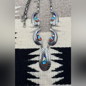 Native American Sterling Silver Turquoise Opal Multi Stone Inlay Bib Necklace